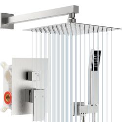 Rainfall Shower System chrome with High Pressure ，10 inch Shower Head Hand、 Square Shower Head， Bathroom Luxury Rain Mixer Shower Complete Combo Set W