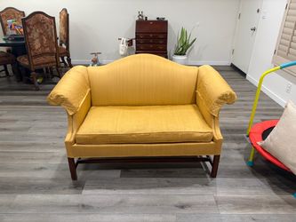 Gold Camelback Loveseat with Wood Legs
