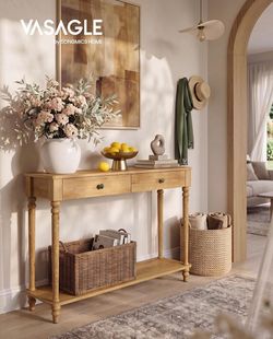 Console Table, Narrow Entryway Sofa Table with Solid Wood Legs Drawers and Shelf, Mid-Century Modern, for Hallway Doorway Living Room, Natural Brown,
