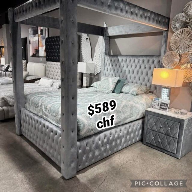 Gray Queen Size Canopy Bed Frame  // Halloween deals 