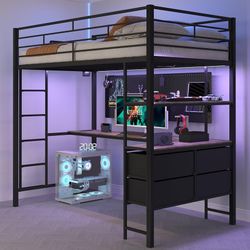 Twin Metal Loft Bed Frame with 15 Inches Safety Guardrail, Non-Slip Ladder, 2 Charging Stations, L-Shaped Desk, Storage Shelve, 4 Drawers, LED Lights,