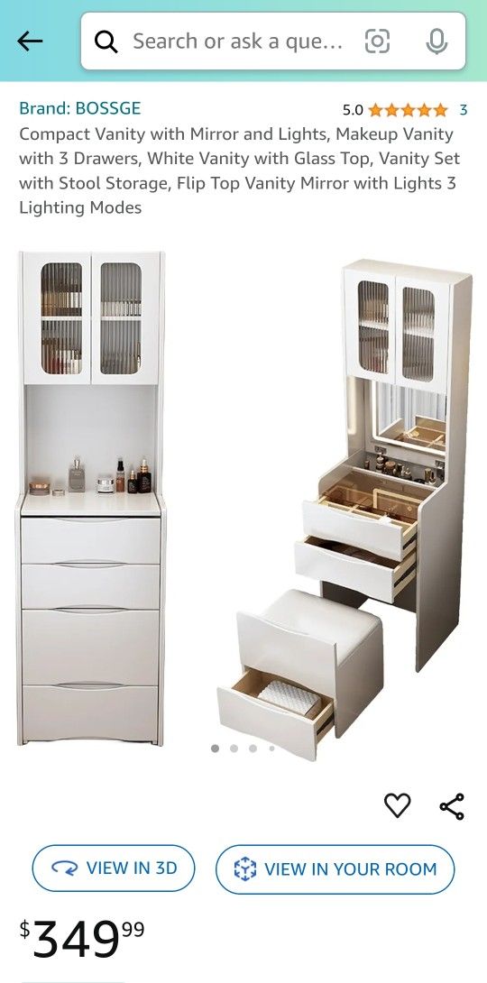 Compact Vanity with Mirror and Lights, Makeup Vanity with 3 Drawers, White Vanity with Glass Top, Vanity Set with Stool Storage, Flip Top Vanity Mirro