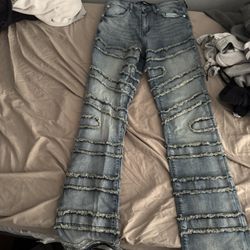 Black & Blue Stacked Jeans For Sale 