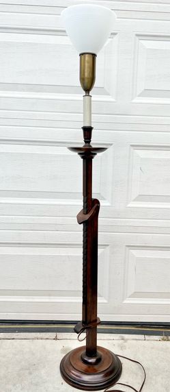 Vintage wooden ratchet floor lamp with milk, glass shade