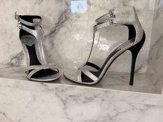 Brian Atwood Belaetta Silver Metallic Leather T-Strap Stiletto Heels Size 8.5