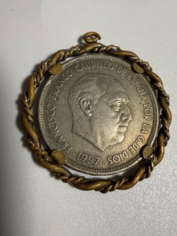 1957 Spain 50 Pesetas *58 Franco Coin Vintage Pendant Ornate Setting