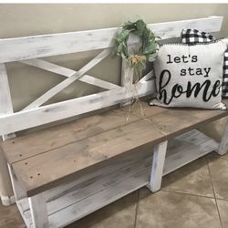 💜 Backrest bench farmhouse rustic distressed farm style dining hallway entryway mud room porch