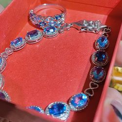 Silver and gemstone bracelet and ring