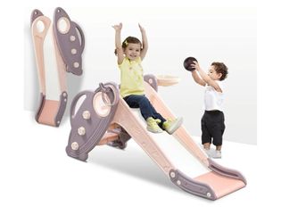 New Onasti Kids Slide for Toddlers Age 1-3 Indoor Baby Plastic Slide Outdoor Climber Freestanding Playset with Basketball Hoop & Ring Game Pink