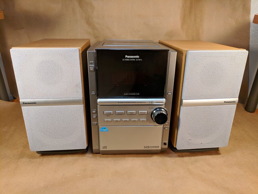 Panasonic SA-PM16 5-CD Cassette AM-FM Compact Stereo System w/remote.