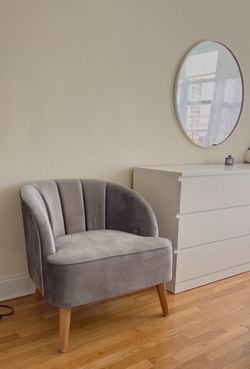 Gray Velvet Accent Chair with Wood Legs