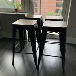 Set of 4 Bar Stools — Wood and Metal