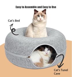 Peekaboo Cat Cave/Tunnel & Bed - Cozy Gray Felt Donut with Zippered Enclosure