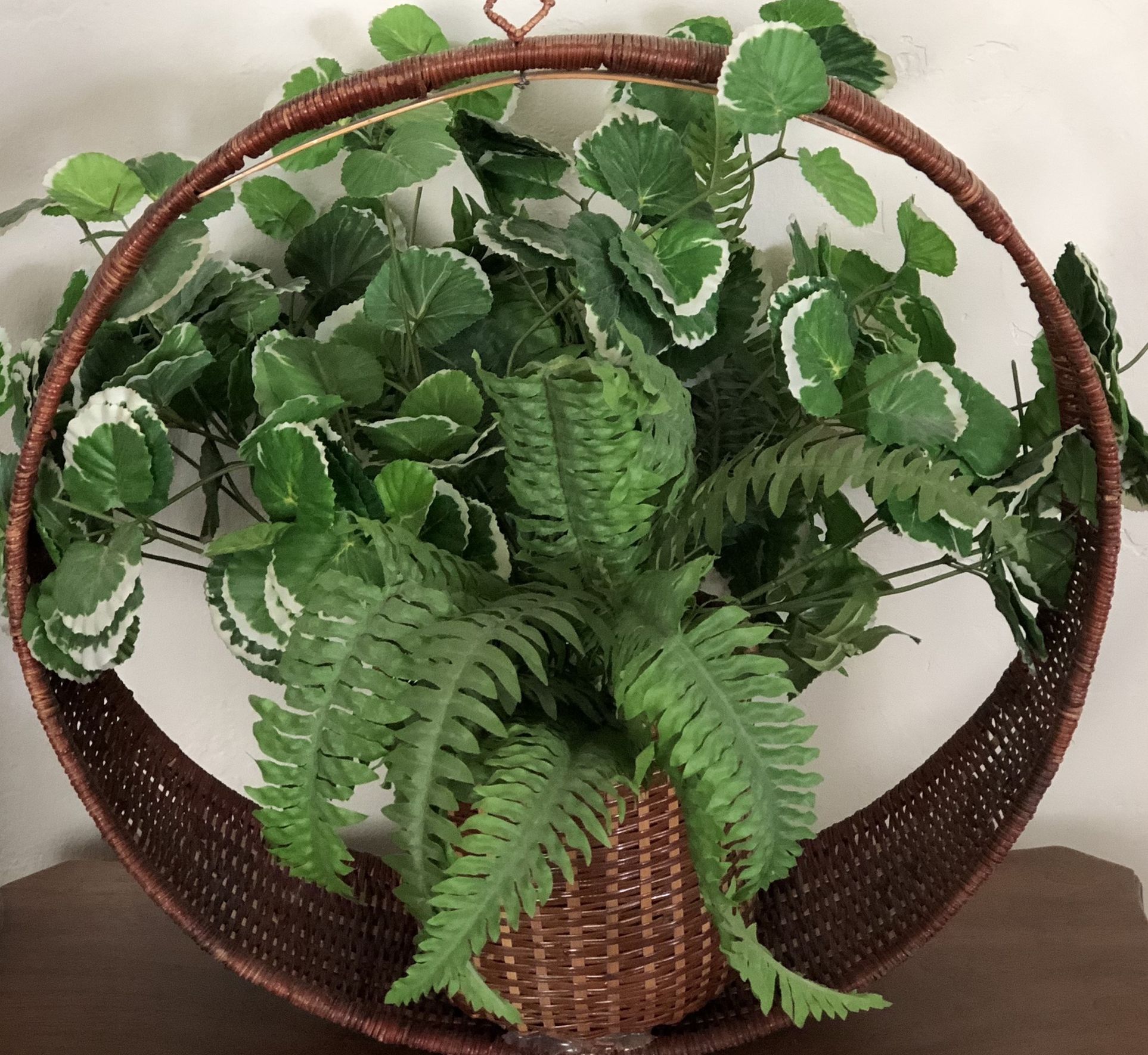 Boho Vintage Wicker Bamboo Rattan Circular Hanging Plant Basket 18”X19”X7.5”