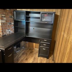 Dark Wood L Shape Desk With Hutch