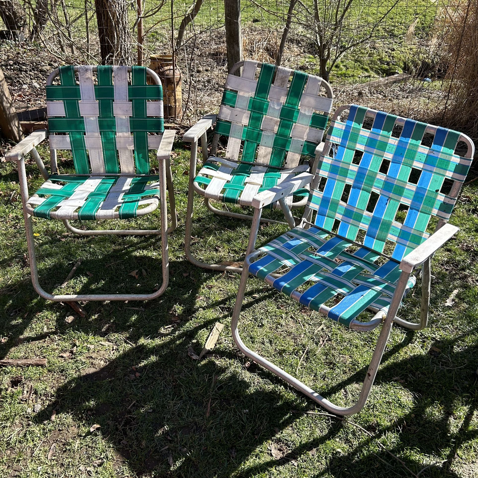 Vintage Folding Chair Set Of 3 Blue Green Silver Retro Lawn Chairs Aluminum Set
