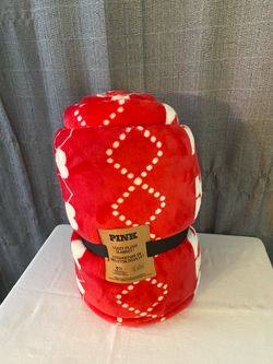 New PINK Victoria's Secret Cozy-Plush Blanket in a red and white