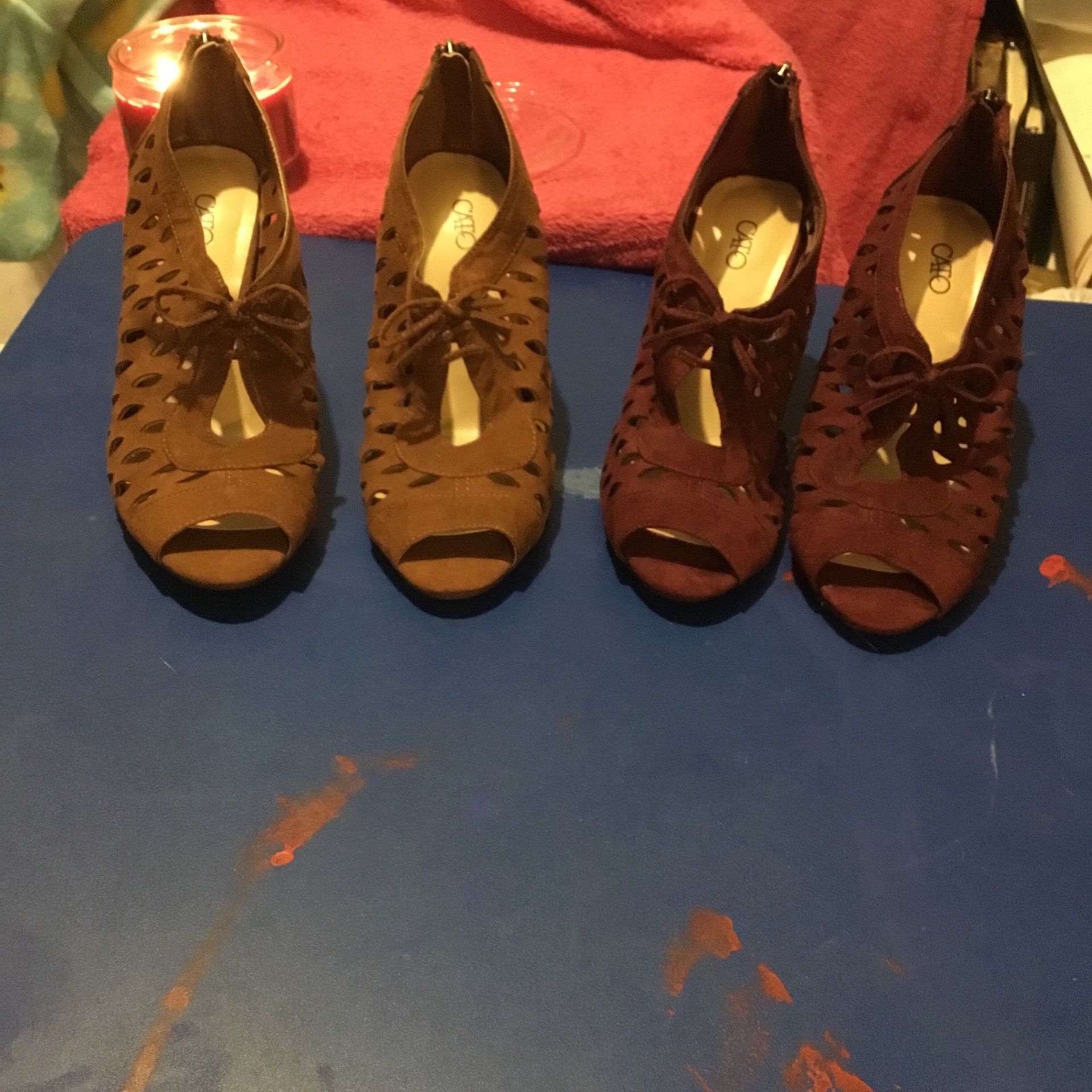 2 Pair Cato Suede Feel Heels Peep Toe With Bow Accent Tan Sz 8 Burgundy Sz 8W