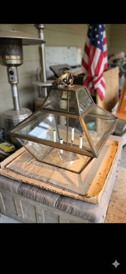 Vintage Brass & Beveled Glass Chandelier – 5-Light Geometric Pendant