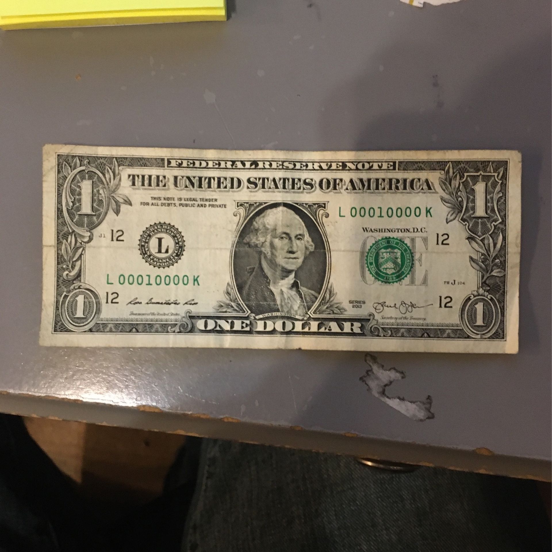 Rare $1 Bill (L 00010000 K) Serial Number