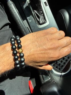 Matte Black Onyx Beaded Bracelet for Men, Gold Accent Bead, Minimalist Stretch Stackable Men’s Jewelry Gift For Him | ONE SET.