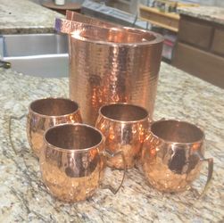 Hammered Copper Ice Bucket with Tongs & Set of 4 Moscow Mule Mugs
