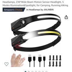 Headlamp Flashlight, 2Packs Rechargeable Headlamps, 230°Wide Beam Motion Sensor Headlight, 5 Modes Illumination&Spotlight, for Camping, Running,Hiking
