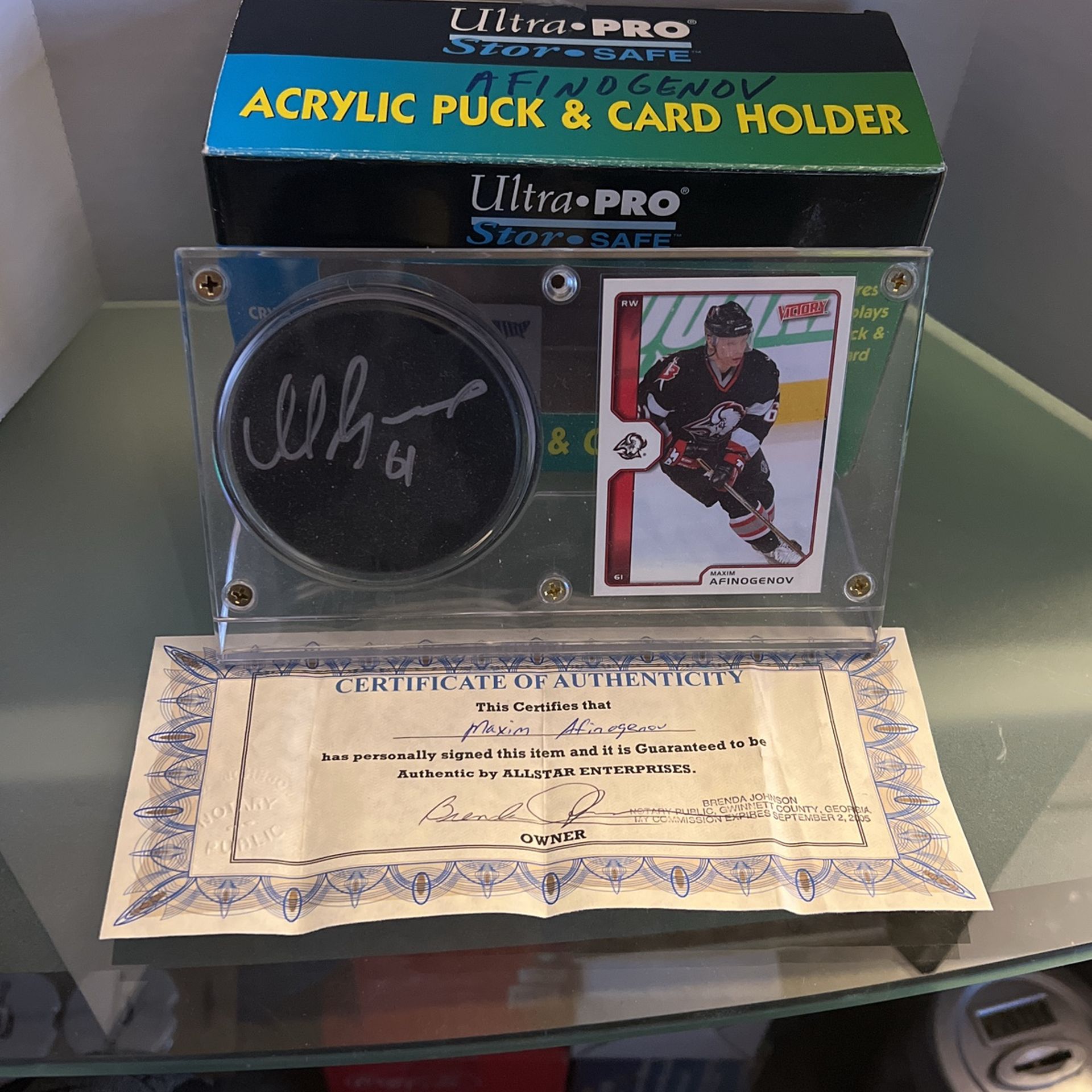 Buffalo Sabres Maxim Afinogenov Autographed Puck With Card