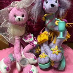 Barbie~ Plush, Posable, Bendable, Long Legged Pet Bride Kitty & Purple Beach Poodle By Mattel 12” Each~Including Accessories 
