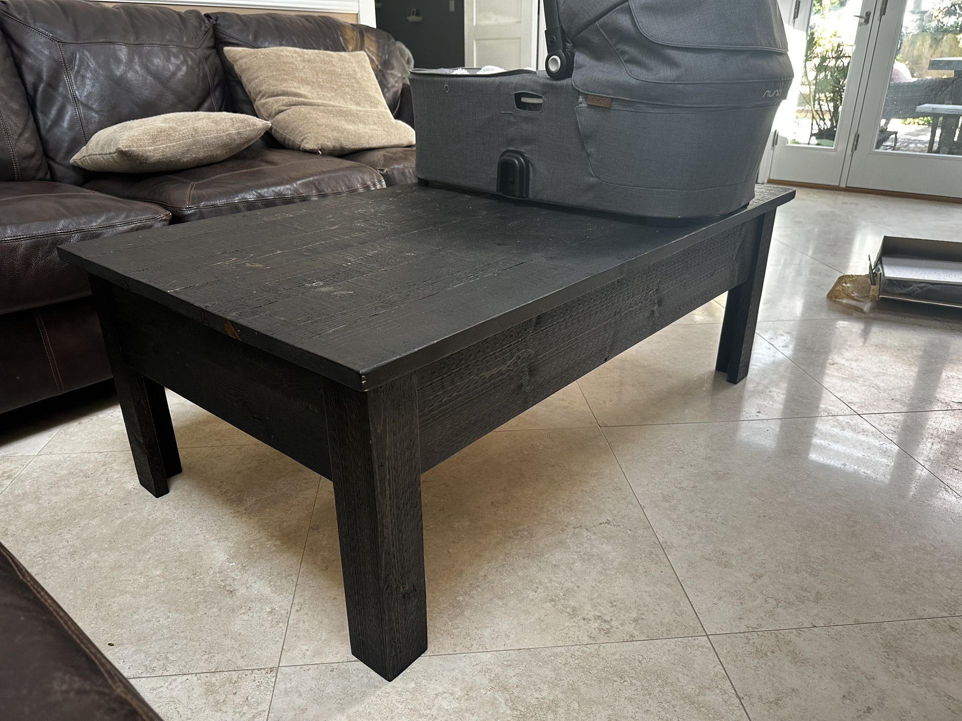 Selling Chocolate Wood Coffee Table, Side Table, Leather Love Seat, Couch, Recliner Chair And Three Bar Stools