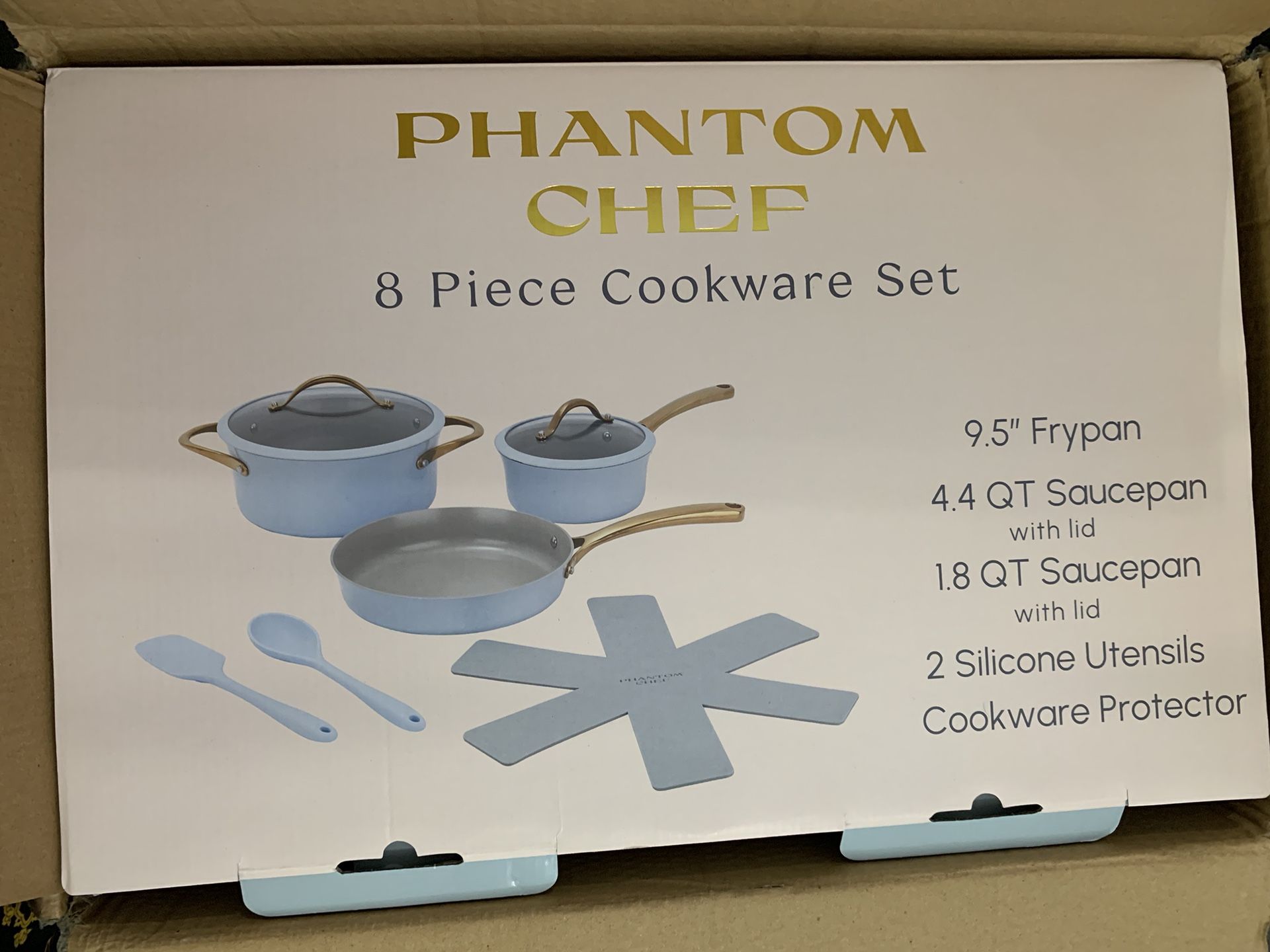 Light Blue Cookware with Gold Tone Handles NWIB