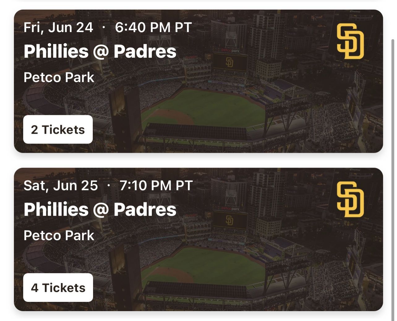 Padres Tickets 6/24 And 6/25. Aisle Seats