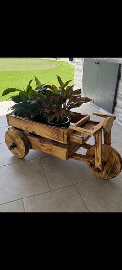 Rustic Handcrafted Wood Tricycle Wagon Planter Decor