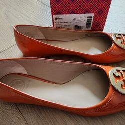 Tory Burch Reva Ballet Patent Calf Flat Equestrian Orange sz8 worn 1x