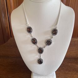 Vintage Amber / Brown Glass Crystal Y Drop Necklace