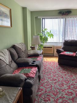dark green 3feet by 3feet of chair  and 7 feet long 3feet deep of love seat