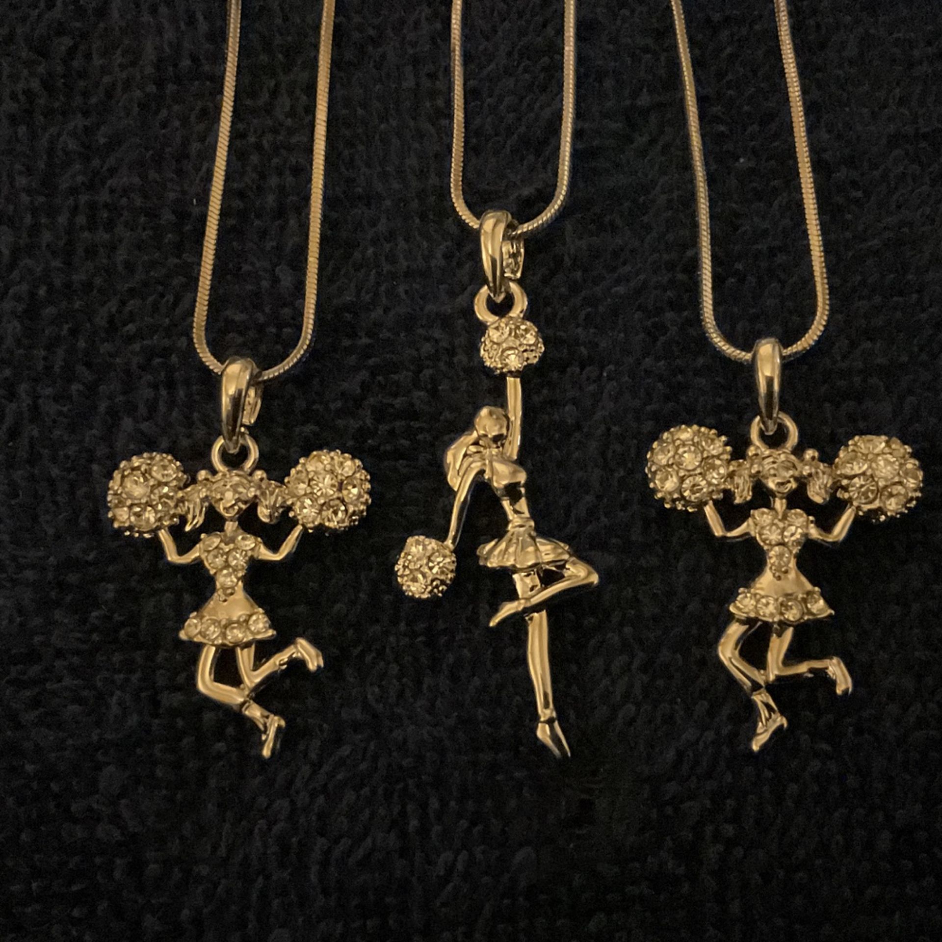 18” SilverTone Necklaces And Pendants With Rhinestones…movable Legs On Cheerleader Pendants