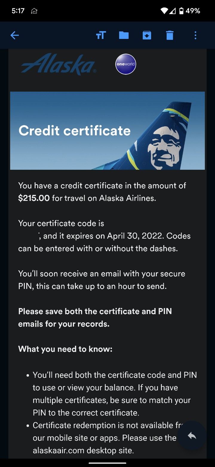 Alaska Airlines Credit Certificate