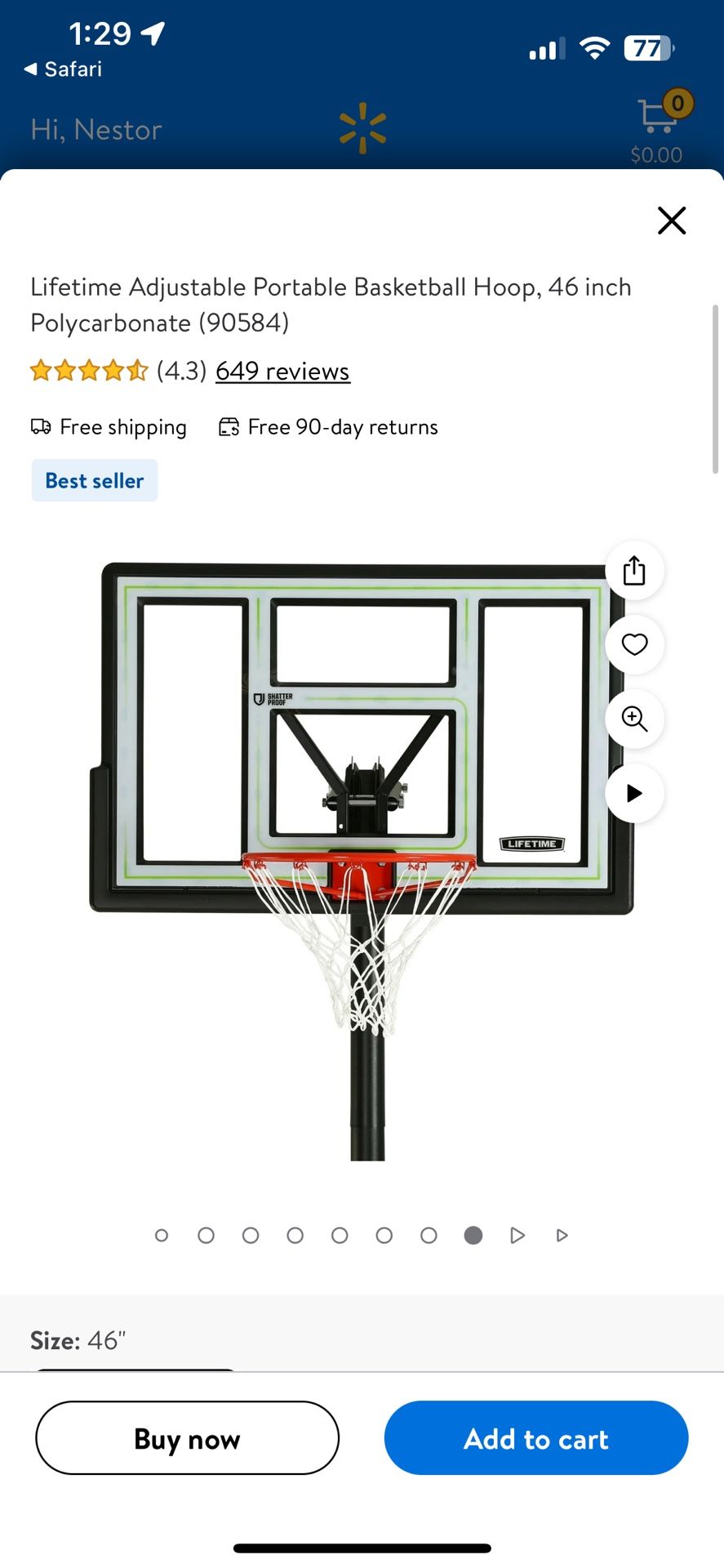 Lifetime Adjustable Portable Basketball Hoop, 46 inch Polycarbonate