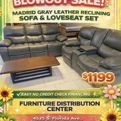 Spring Blowout Sale. Madrid, Gray Leather Reclining Sofa And Loveseat Set Only $1199. Easy Finance Option. Same-Day Delivery.