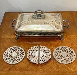 Vintage Silverplate Covered Serving Dish + 3 Trivets