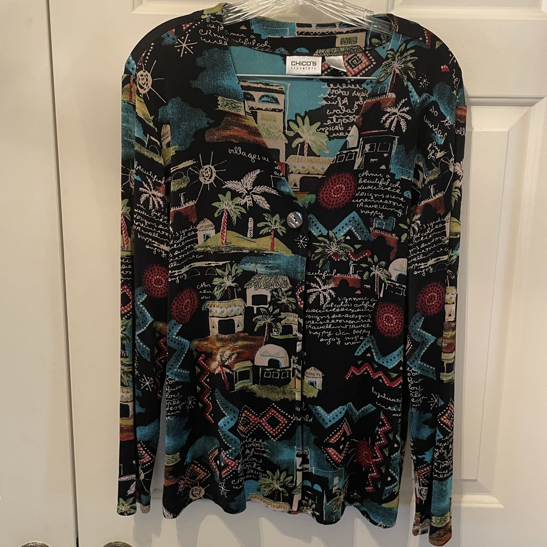 Chico's Travelers- slinky black tropical village print cardigan XL- size 3
