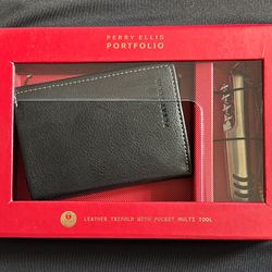 PERRY ELLIS Portfolio Leather Trifold With Pocket Tool Black