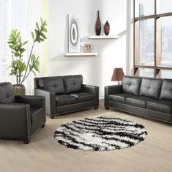 Modern Style Black Leather Three Piece Couch Set