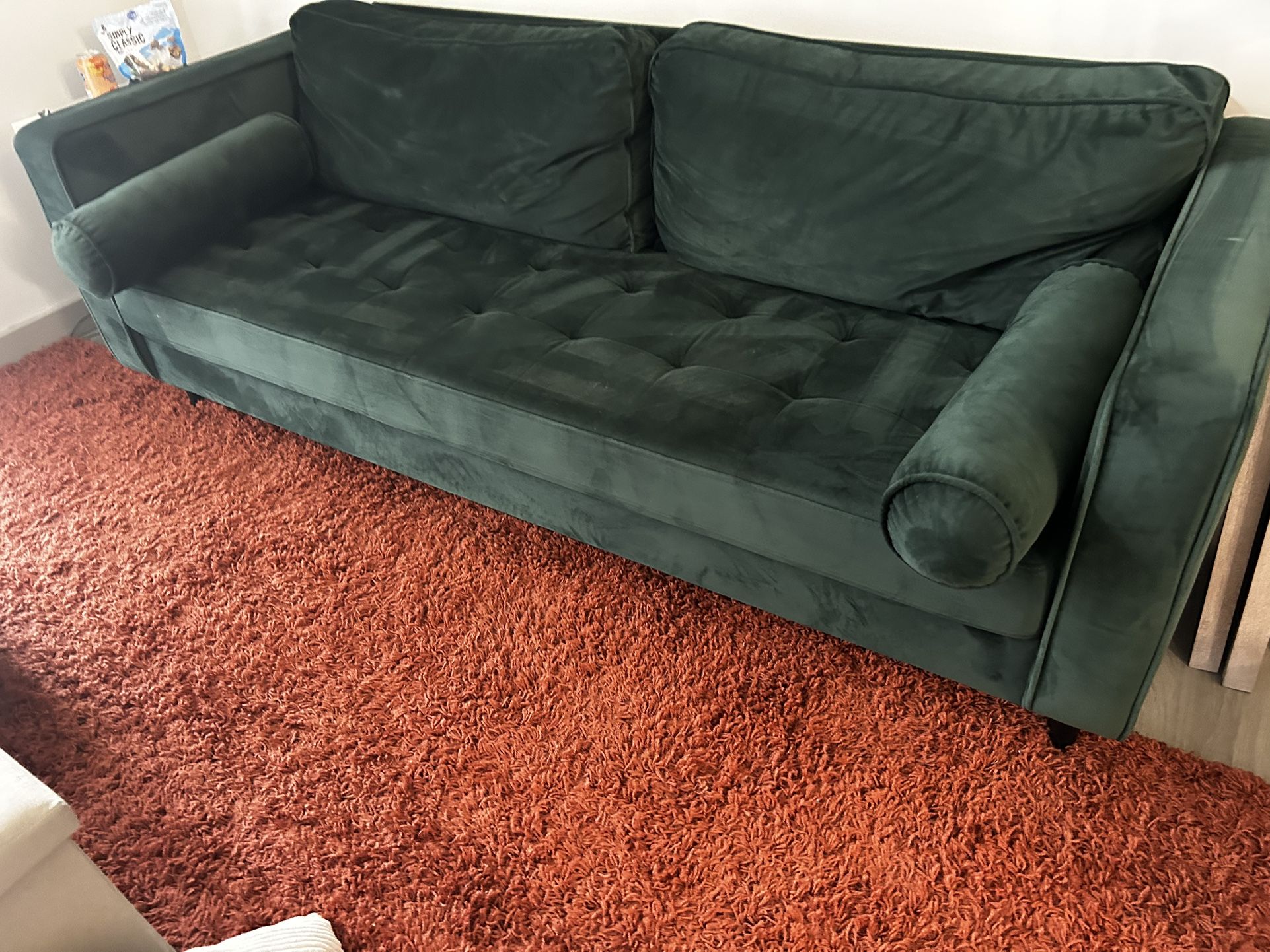 Modern Green Velvet Sofa with Bolster Pillows