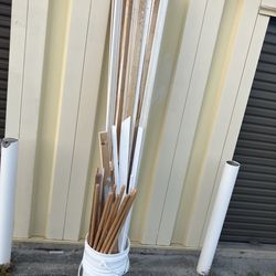 Assorted Wood Trim, Molding, Scraps and Plastic Buckets
