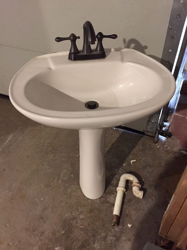 Used White Pedestal Sink With Oil Rubbed Bronze Faucet For Sale In