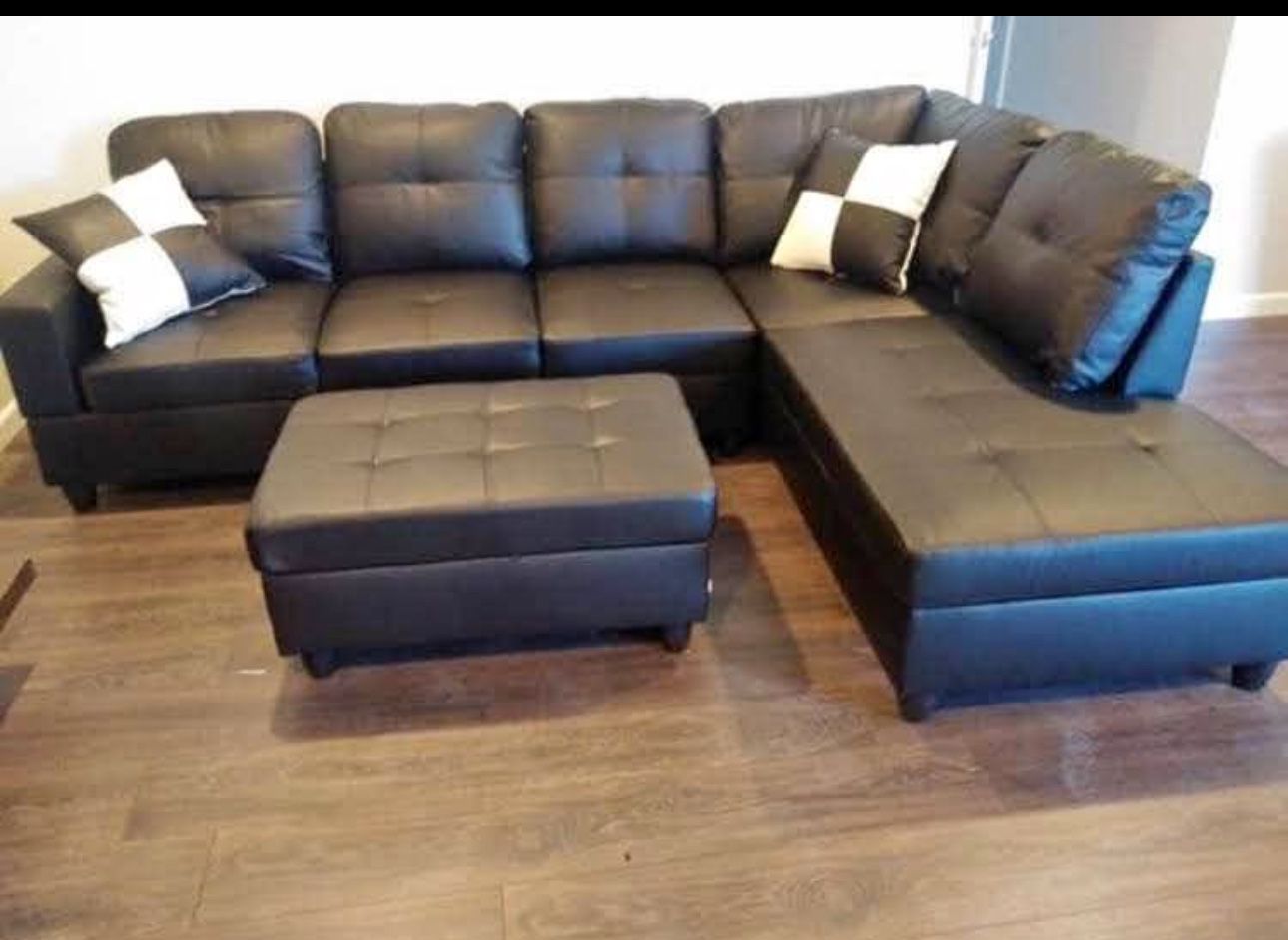Black Leather Sectional Couch And Ottoman 