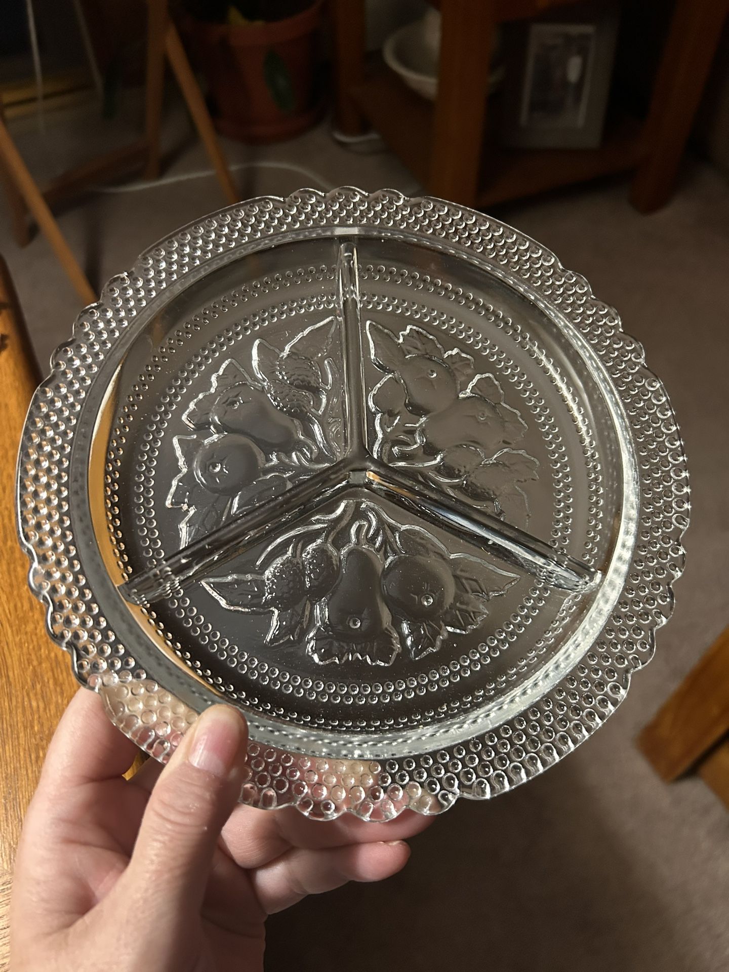 Imperial Glass Divided Serving Dish Pear Berry Intaglio Fruit Pattern Beaded Rim
