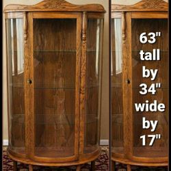 VINTAGE GLASS WOOD OAK CURIO CABINET DISPLAY CASE THREE GLASS SHELF CABINET 